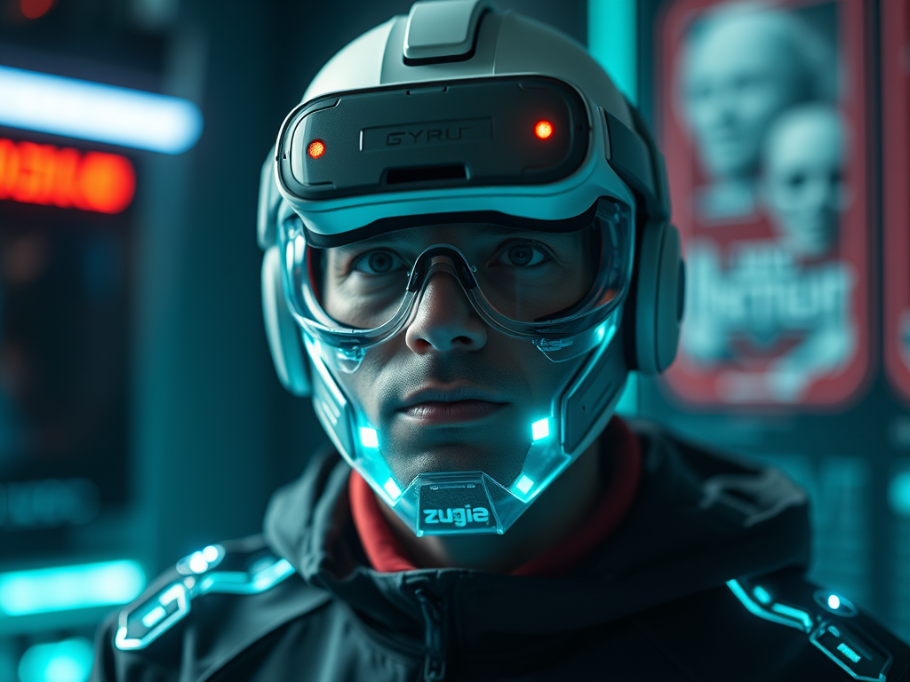 На человеке высокотехнологичная шлема, окруженного неоновыми огнями и Sci-Fi плакатами.